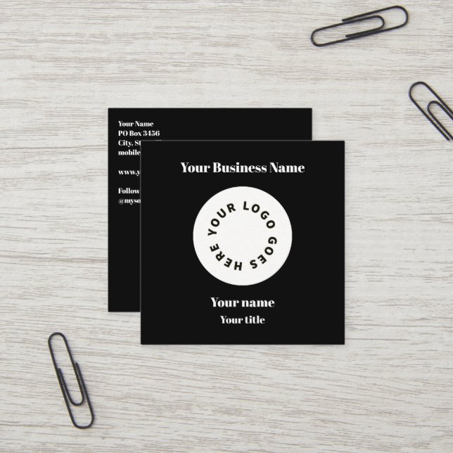 Carte De Visite Carré Noir moderne Ajouter votre logo avec code QR (Devant/Arrière en situation)