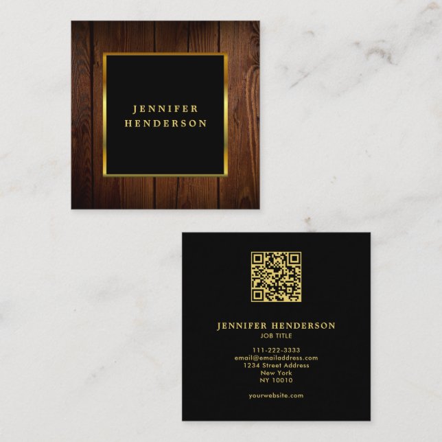 Carte De Visite Carré Noir moderne bois QR code professionnel (Devant / Derrière)