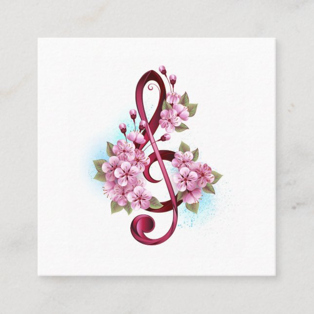 Carte De Visite Carré Notes de clef musicale en treble avec des fleurs S (Devant)