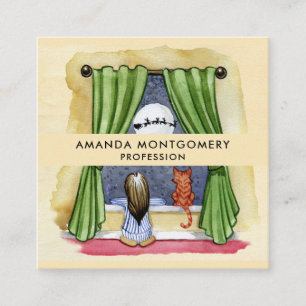 Carte De Visite Carré Nuit de Noël Aquarelle mignonne Enfant & Kitty Cha