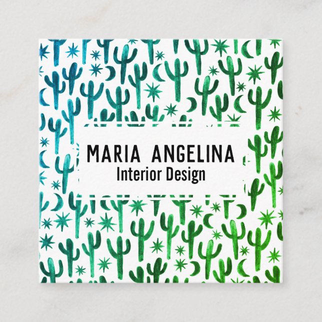 Carte De Visite Carré Nuit Désert Cactus Lune Étoiles Aquarelle Vert (Devant)