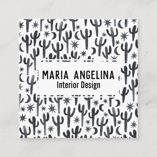 Carte De Visite Carré Nuit Désert Cactus Lune Stars Aquarelle Design (Devant)