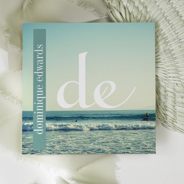 Carte De Visite Carré Ocean Wave QR Professional Monogramme blanc (Créateur téléchargé)