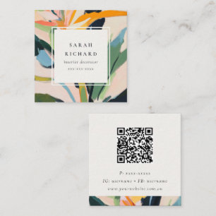 Carte De Visite Carré Oiseau Coloré Du Paradis Code QR Floral Peint