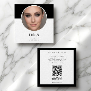 Carte De Visite Carré Ongles de photo en noir et blanc Code QR Réseaux s