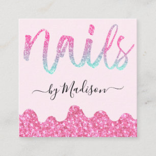 Carte De Visite Carré Ongles scintillants rose chaud Glam Manucure Salon