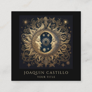 Carte De Visite Carré Or céleste holistique Soleil Lune Noire