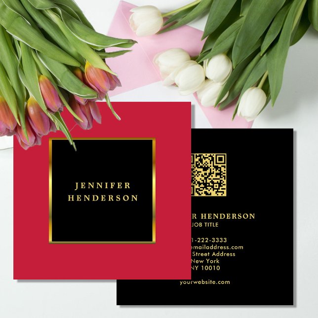 Carte De Visite Carré Or noir cardinal rouge code QR professionnel (Modern elegant black gold,  cardinal red QR code professional Square Business Card. )