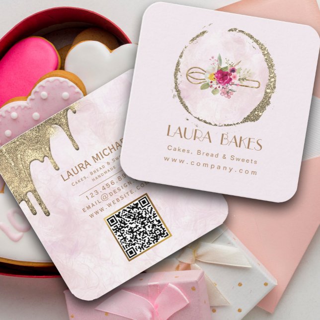 Carte De Visite Carré Or Whisk Blush Aquarelle Floral (Gold Whisk Blush Watercolor Floral Square Business Card #cookingutensils #bakers #watercolor)