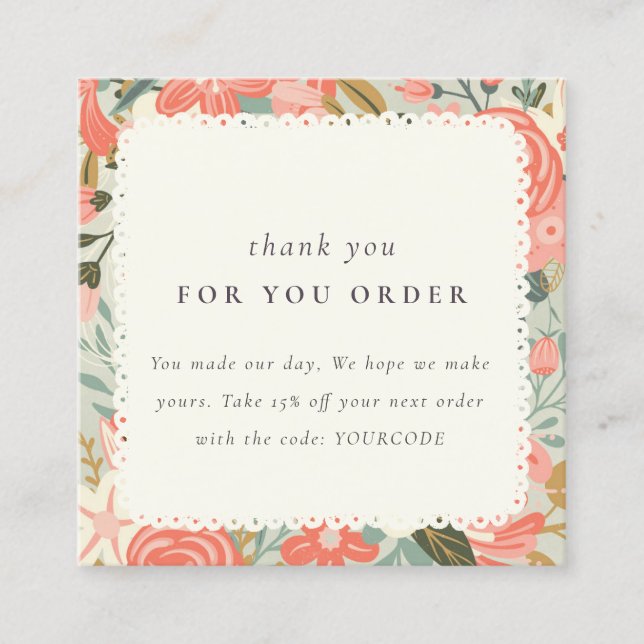 Carte De Visite Carré Orange Blush Turquoise Ambrosia Merci Floral Ordre (Devant)