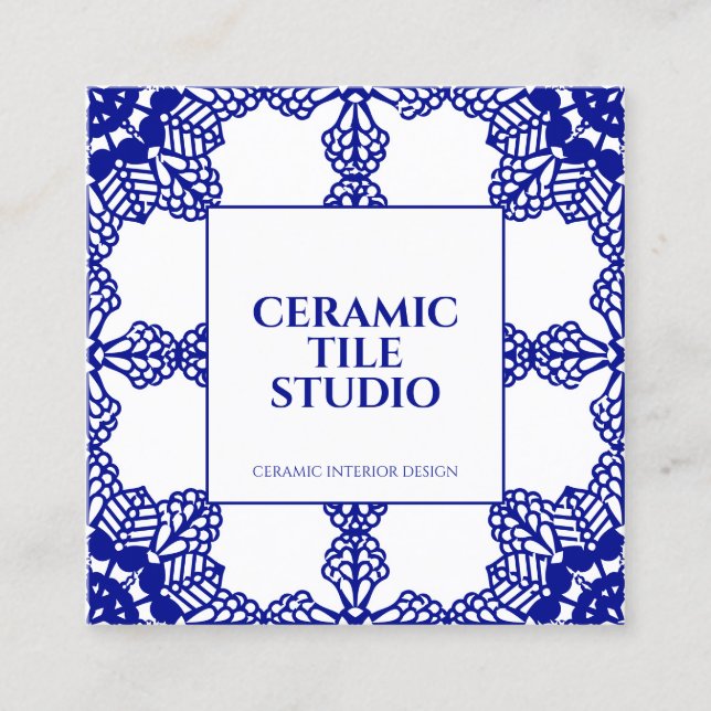 Carte De Visite Carré Ornement Motif en mosaïque sans fil Marine (Devant)