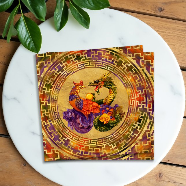 Carte De Visite Carré Ornement Phoenix et Dragon (Créateur téléchargé)