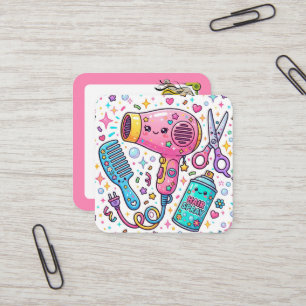 Carte De Visite Carré Outils de coiffeur dans un style d'art Kawaii mign
