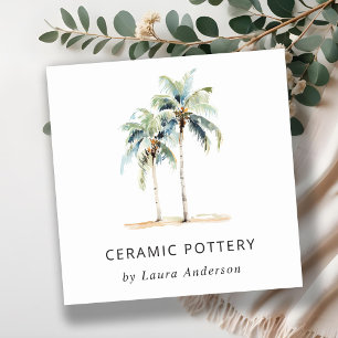 Carte De Visite Carré Palmiers côtiers tropicaux Aquarelle Bleu Vert