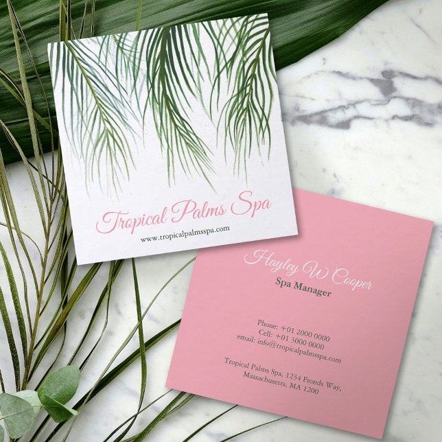 Carte De Visite Carré Palmiers tropicaux vert foncé et aquarelle rose (Créateur téléchargé)