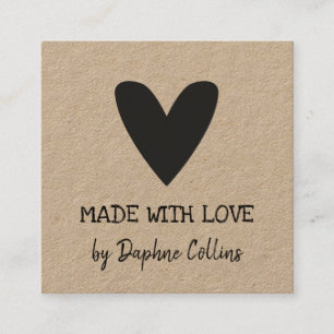 Carte De Visite Carré Papier Kraft Coeur Noir Fabriqué Avec Amour