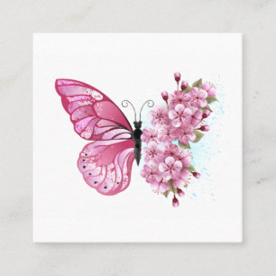 Carte De Visite Carré Papillon à fleurs avec Sakura rose