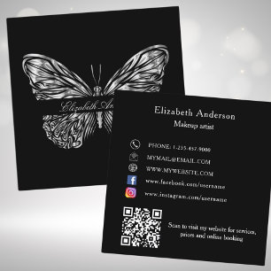 Carte De Visite Carré Papillon noir argent QR code élégant script