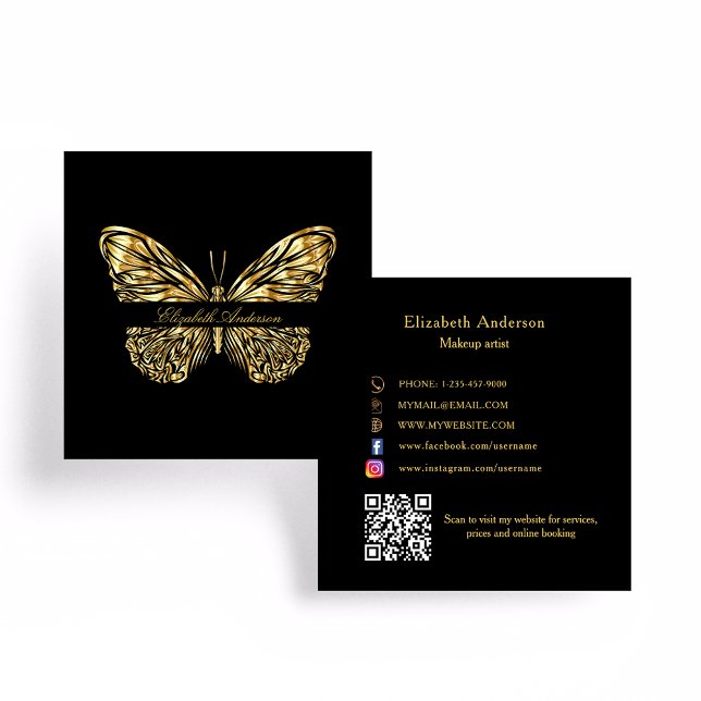 Carte De Visite Carré Papillon noir code QR or (Créateur téléchargé)