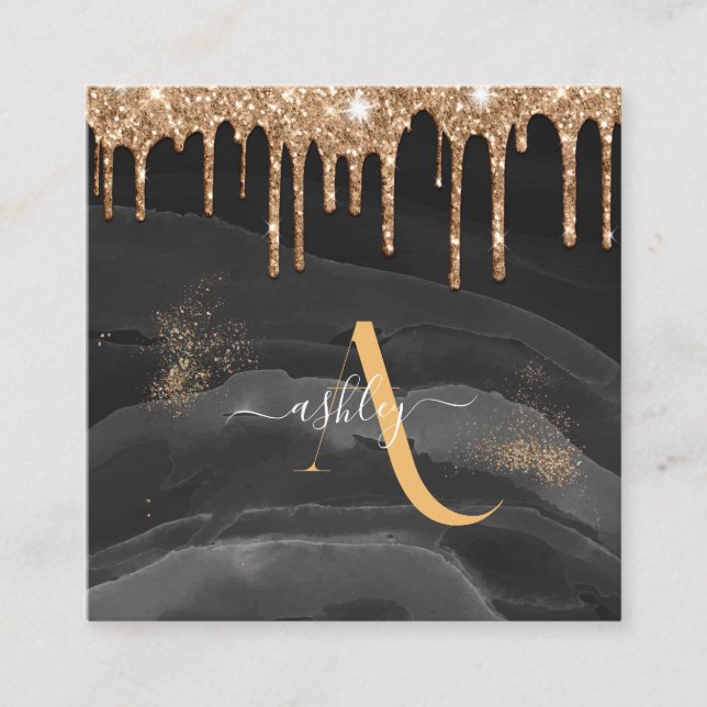 Carte De Visite Carré Parties scintillant de goutte d'or Monogramme méta (Devant)