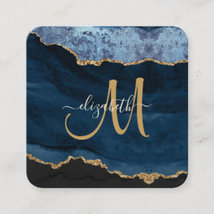 Carte De Visite Carré Parties scintillant d'or bleu chic Agate Script Mo