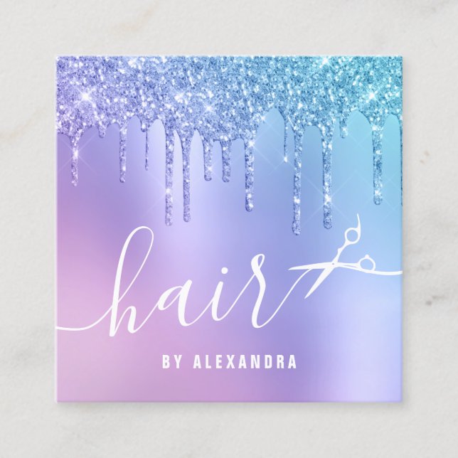 Carte De Visite Carré Parties scintillant élégante bleu & violet gouttes (Devant)