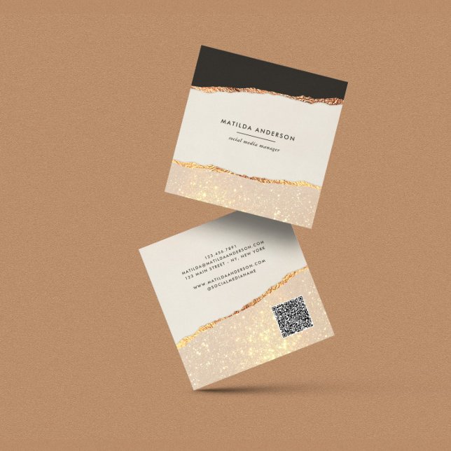 Carte De Visite Carré parties scintillant or rose noir rose moderne QR C (Créateur téléchargé)