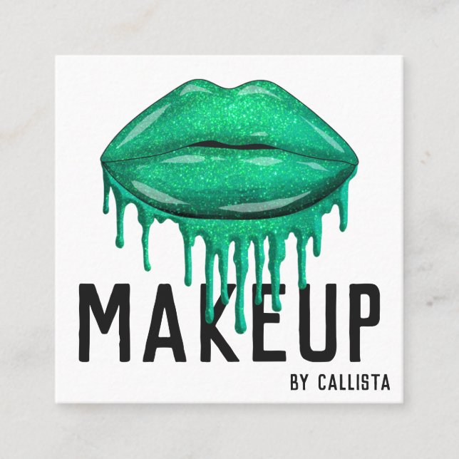 Carte De Visite Carré Parties scintillant vert étincelant Glamour Lèvres (Devant)