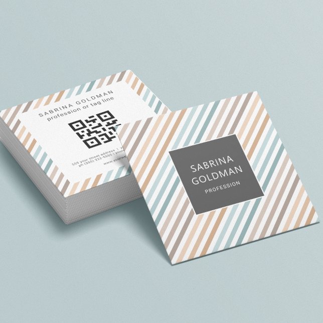 Carte De Visite Carré Pastel Blue Gray Gold Stripes QR CODE  (Créateur téléchargé)