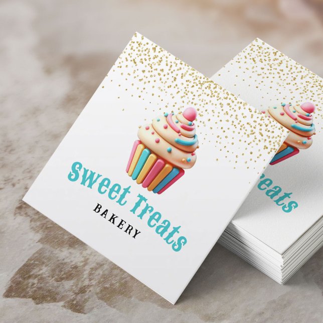 Carte De Visite Carré Pastel Cupcake Gold Confetti Boulangerie et chef p (Créateur téléchargé)