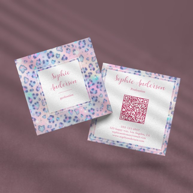 Carte De Visite Carré Pastel Glitter Leopard Print with Qr Code (Créateur téléchargé)