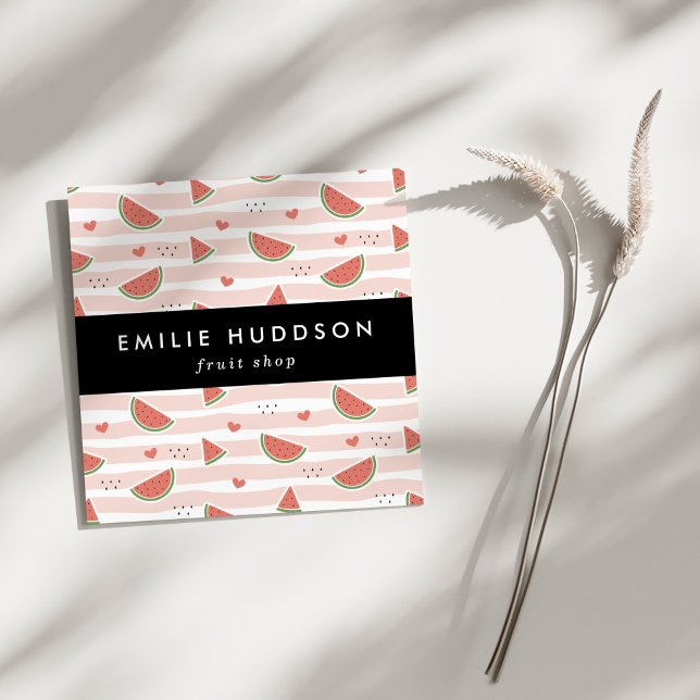 Carte De Visite Carré Pastèques Rouges, Coeurs, Bandes, Votre Nom (Créateur téléchargé)