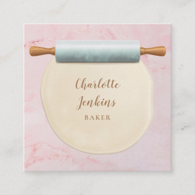 Carte De Visite Carré Pâtisserie Baker Pâtisserie Pink Marble Rolling Pi (Devant)