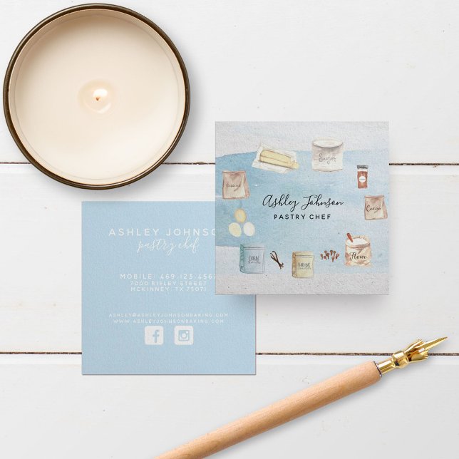 Carte De Visite Carré Pâtisserie carré Chef Aquarelle Cuisine Ingrédient (Créateur téléchargé)