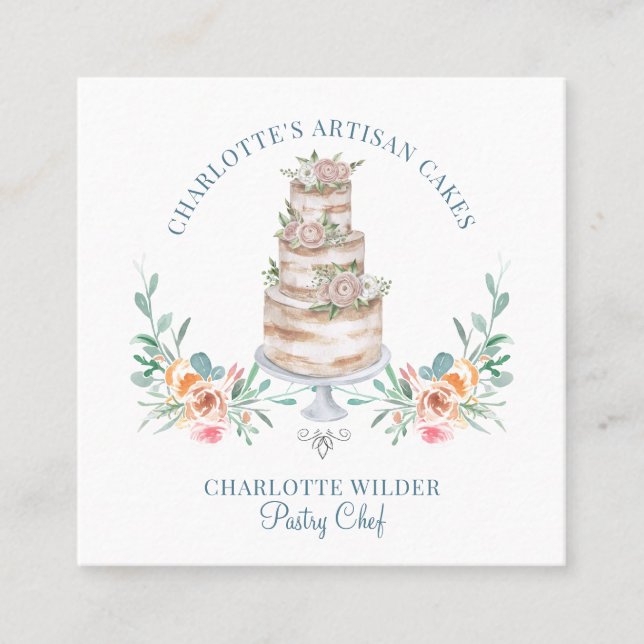 Carte De Visite Carré Pâtisserie Chef Aquarelle Floral Cake Logo (Devant)