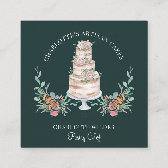 Carte De Visite Carré Pâtisserie Chef Aquarelle Gâteau Floral Noir (Devant)