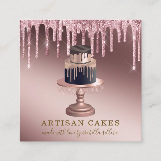 Carte De Visite Carré Pâtisserie Chef Rose Parties scintillant or Carré  (Devant)