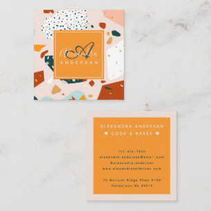 Carte De Visite Carré Pâtissier Café Chef Terrazzo Teinte Orange