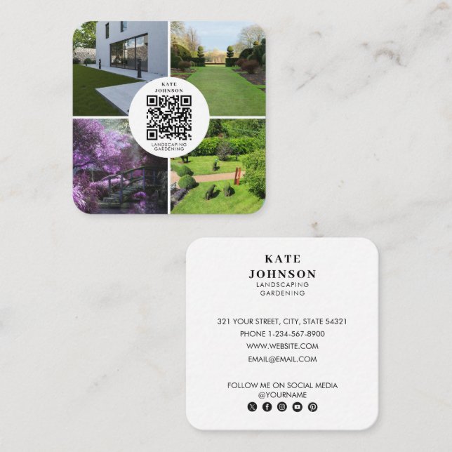 Carte De Visite Carré Paysage Jardinage Photo QR Code Médias sociaux (Devant / Derrière)