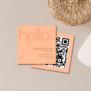 Carte De Visite Carré Peach fuzz Coral Rose Retro Hello QR Code