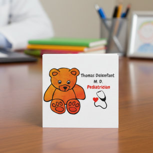 Carte De Visite Carré Pédiatre - ours en peluche orange - stéthoscope