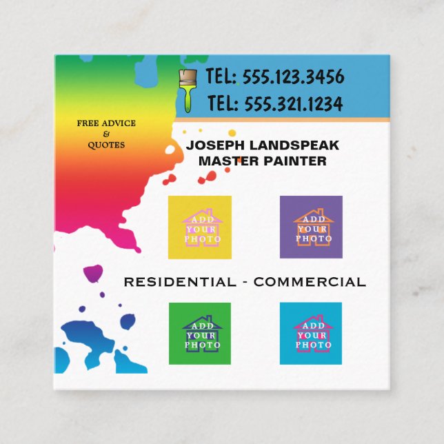 Carte De Visite Carré Peinture Blobs pour Peintre Professionnel & 4 Phot (Devant)