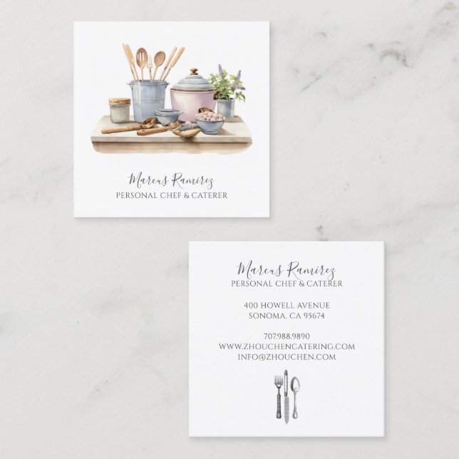 Carte De Visite Carré Personal Chef Kitchen Utensils  (Devant / Derrière)