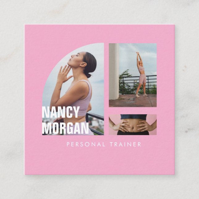 Carte De Visite Carré Personal Trainer Photo Collage Pink (Devant)