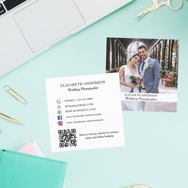 Carte De Visite Carré Photo blanc noir QR code médias sociaux (Créateur téléchargé)