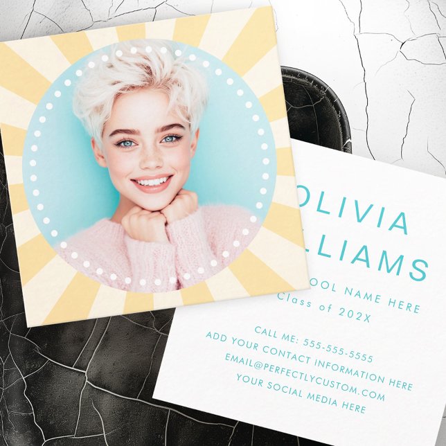 Carte De Visite Carré Photo de fin d'études de sunburst fraîchement bran (Fresh trendy sunburst student graduation photo square business card)