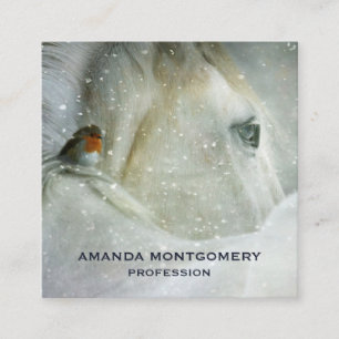 Carte De Visite Carré Photo de White Horse and Bird en hiver