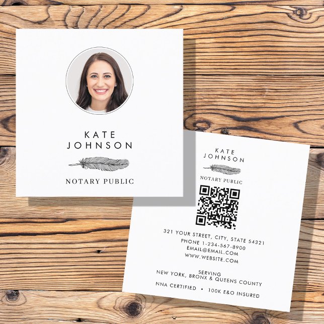 Carte De Visite Carré Photo du logo Quill de l'agent de signature du not (Notary Signing Agent Feather Quill Logo Photo Square Business Card)