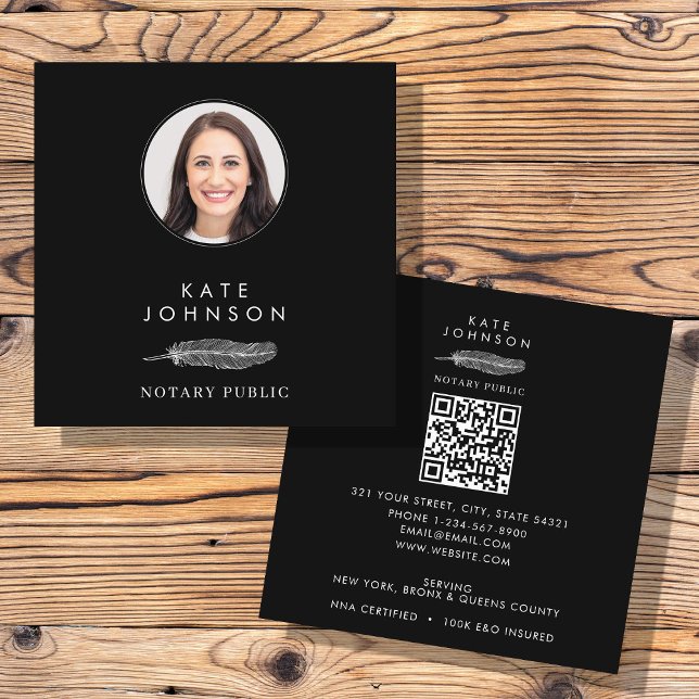 Carte De Visite Carré Photo du logo Quill de l'agent de signature du not (Notary Signing Agent Feather Quill Logo Photo Square Business Card)