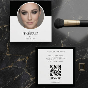 Carte De Visite Carré Photo MUA en noir et blanc Code QR Réseaux sociaux